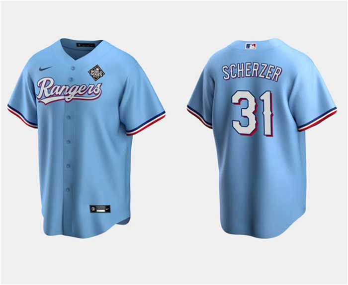 Men%27s Texas Rangers #31 Max Scherzer Blue 2023 World Series Stitched Baseball Jersey Dzhi